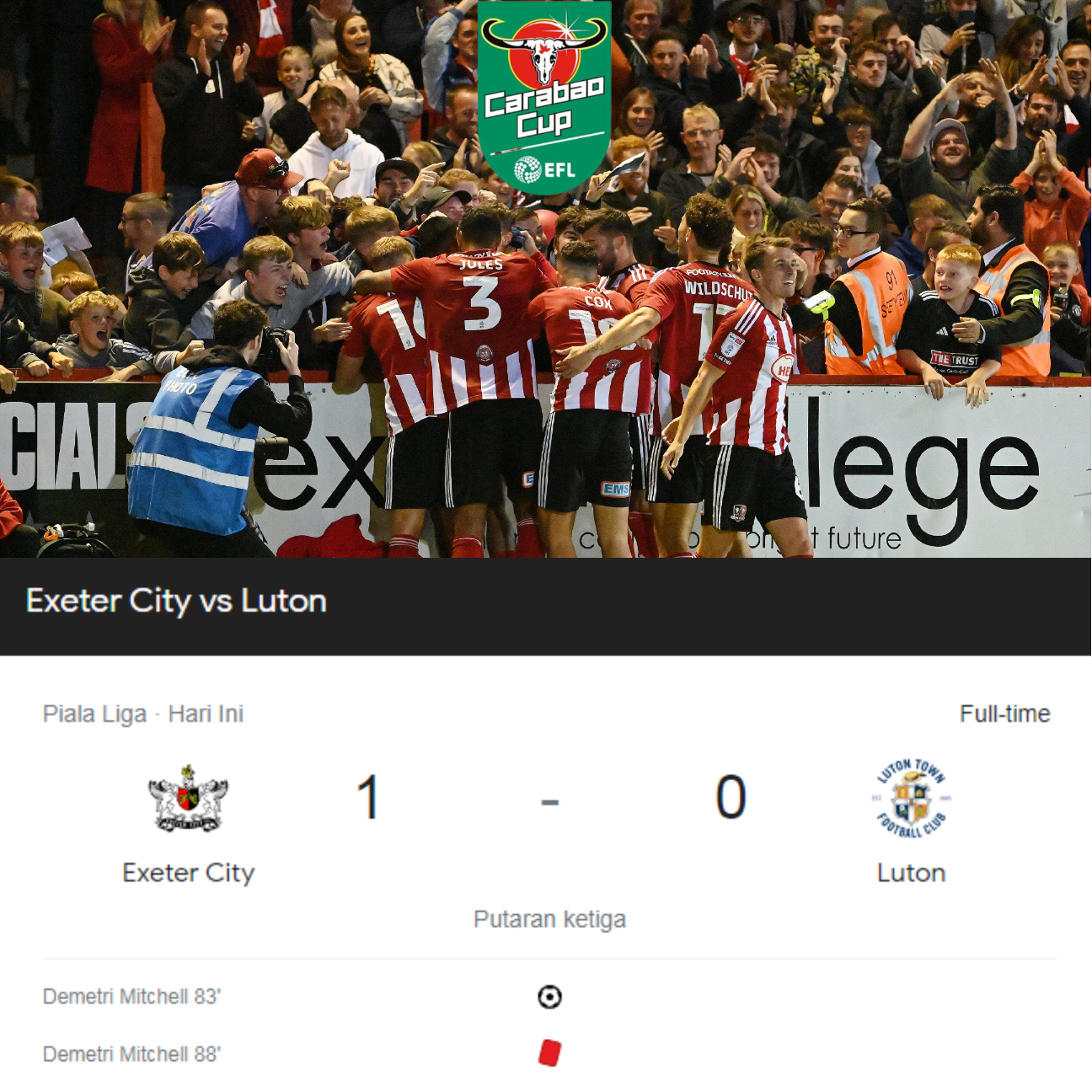 Hasil Exeter City vs Luton Town